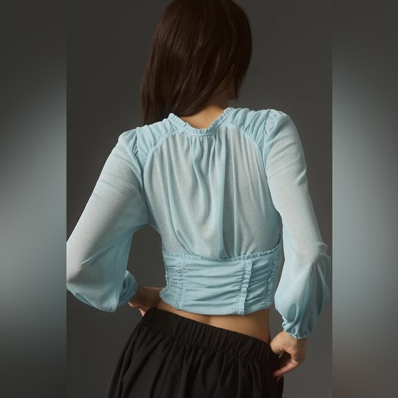 By Anthropologie Long-Sleeve Femme Ruched Cropped Top, Blue, M or L, NWT - Picture 2 of 11
